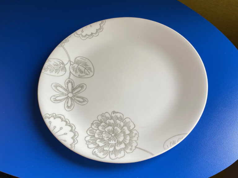 Modern white glass Corelle dish with gray floral pattern: Non-detect for Lead, Mercury, Arsenic, & Antimony — Trace Cadmium in the back mark / logo area.