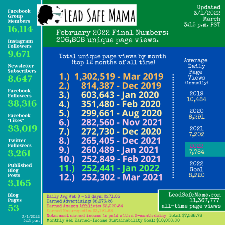 February 2022… It’s a wrap — all of the Lead Safe Mama stats for the SECOND month of this year [including how much Lead Safe Mama, LLC earned from your clicks!]