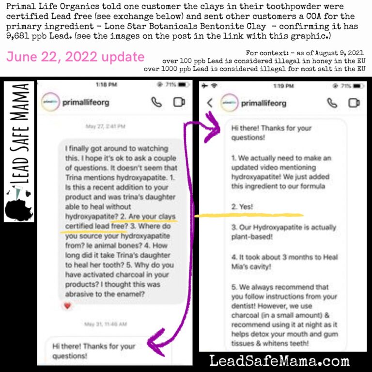 Primal Life Organics tells some customers that the clay used in their Dirty Mouth Toothpowder has Lead and tells others it is certified Lead-free.