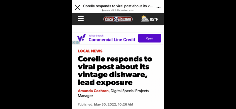 More news coverage of the Lead Safe Mama Corelle article that went viral in May: Click 2 Houston!