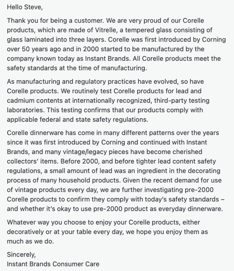 Full Corelle “official” response to the Lead Safe Mama article on Corelle’s original statement about Lead in their pre-2005 dishware.