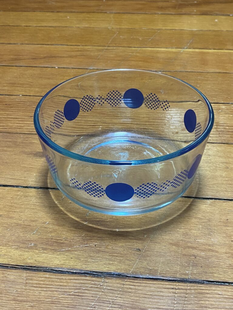 Modern Pyrex dish with blue polka dots: Lead-free. 51 ppm Cadmium in the blue (safe by most standards).