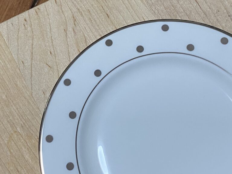 Kate Spade Larabee Road Platinum pattern china dish (by Lenox): 49 ppm Lead on the center of the food surface (safe by all standards) — but 3,985 ppm Lead on the BACK MARK (!)