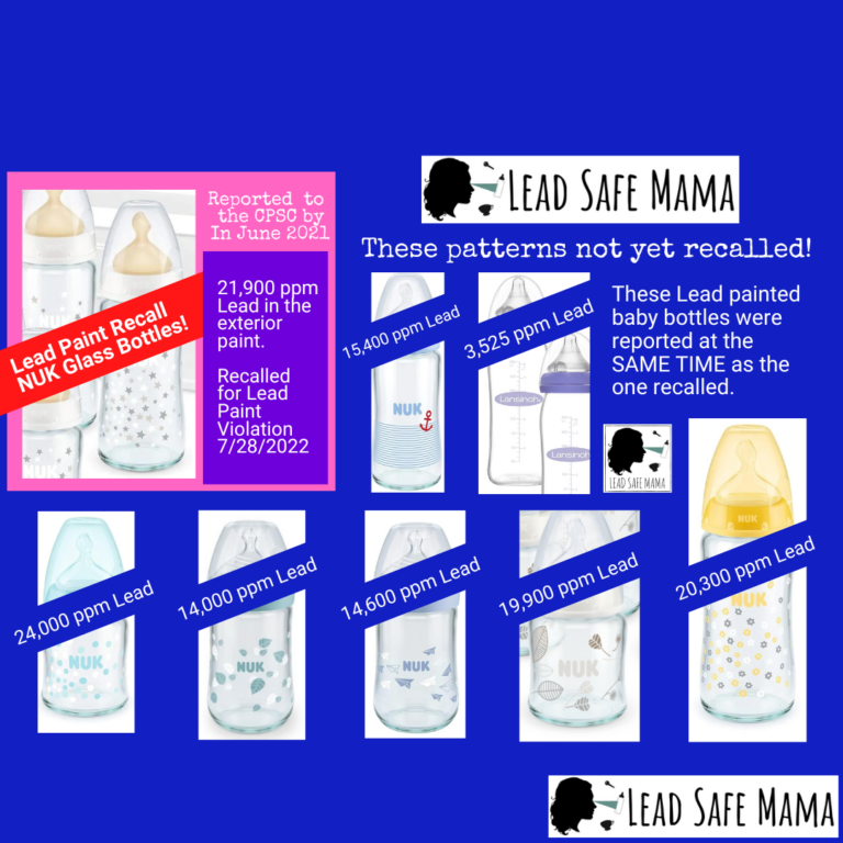 The CPSC issued a recall for the Lead painted baby bottles we discovered last year — but they only recalled 1 of 6 NUK Lead-painted designs