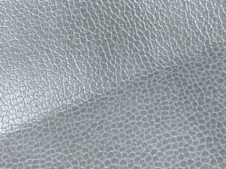 Silver colored “Bubble Haze” faux leather sample: Lead-free, Cadmium-free, Arsenic-free.  56 ppm Antimony.