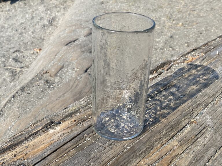 Pottery Barn 2022 tall textured clear glass from their Hammered Handcrafted Glassware Collection. Sold as “Lead-free” & positive for 94 ppm Lead.