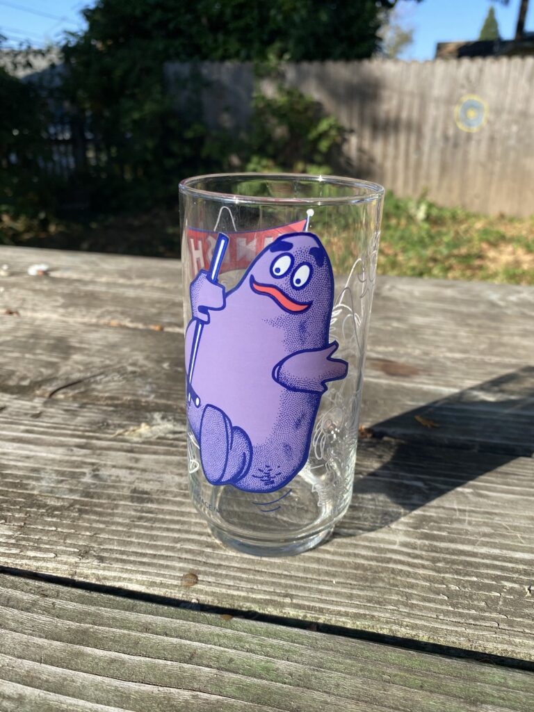 Grimace McDonaldLand Action Series “1977” collectible glass: positive for extremely unsafe levels of Lead & Cadmium when tested with an XRF instrument.