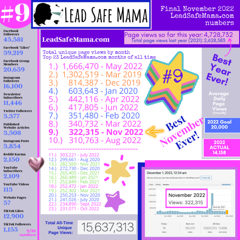 November 2022: #BestNovemberEver and NINTH #BestMonthEver for readership on LeadSafeMama.com! Thank you!