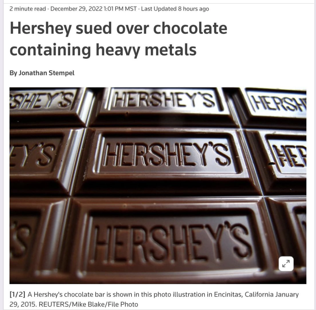 Hershey sued over chocolate containing high levels of Lead & Cadmium!