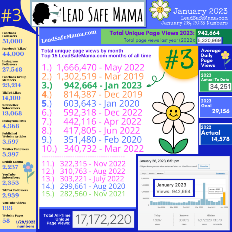 January 2023 LeadSafeMama.com readership stats update (for those who like to follow these things with us!)