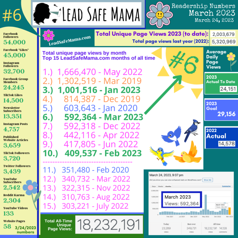 March 24, 2023 Update — Reach & Readership of the Lead Safe Mama Website