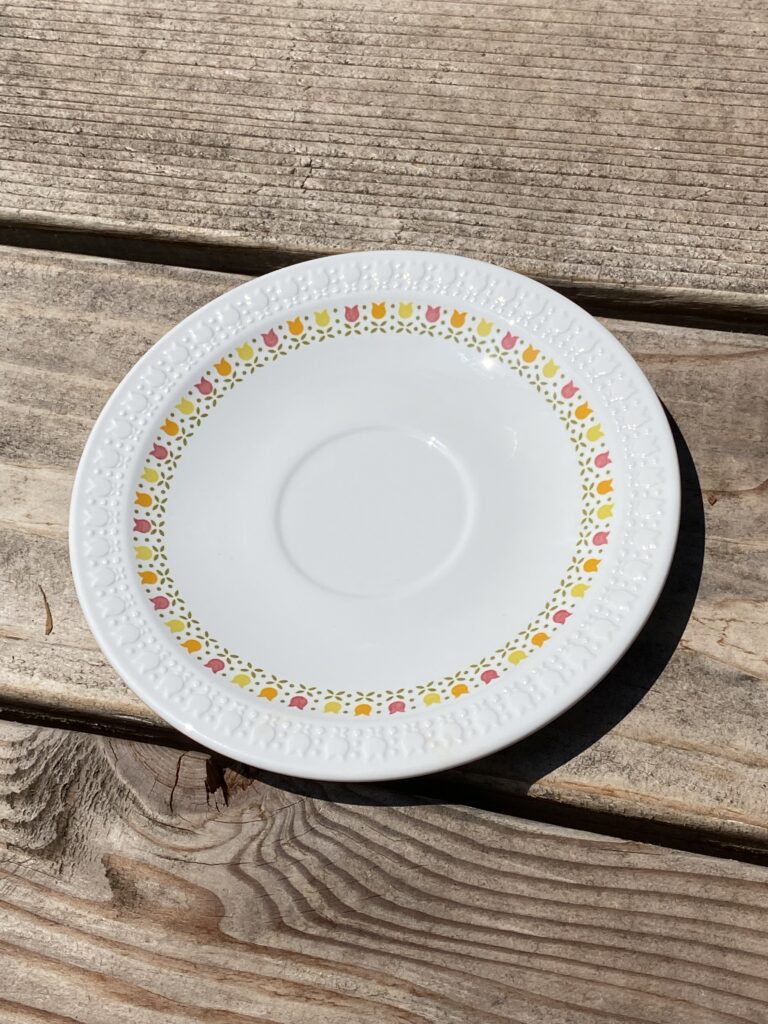 XRF test results for white (glass?) Corning Centura April pattern saucer with multi-color tulips — sent in by Rick in California