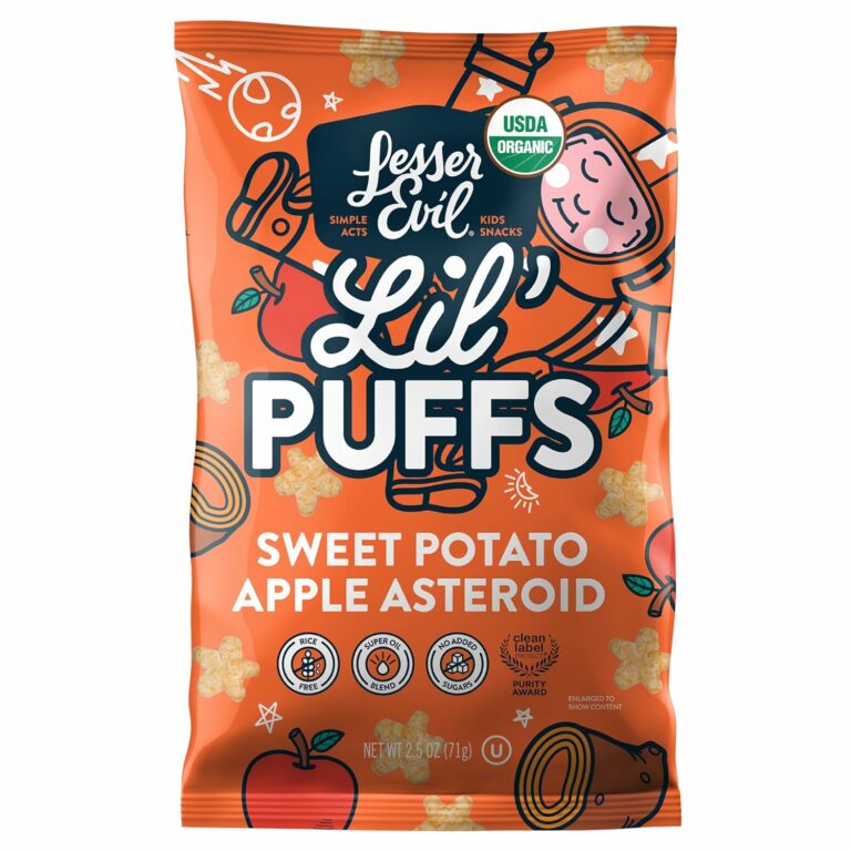 Lesser Evil Lil’ Puffs Sweet Potato Apple Asteroid flavor tested positive for 1,100% of the proposed “Action Level” for Lead in food for small children. Read the Laboratory report here.