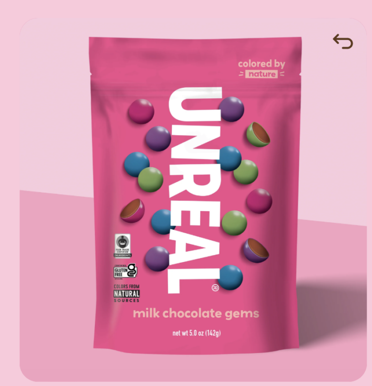 Unreal Milk Chocolate Gems test positive for unsafe levels of Lead (higher than M&M’s!) and unsafe levels of Cadmium. See the laboratory report here.