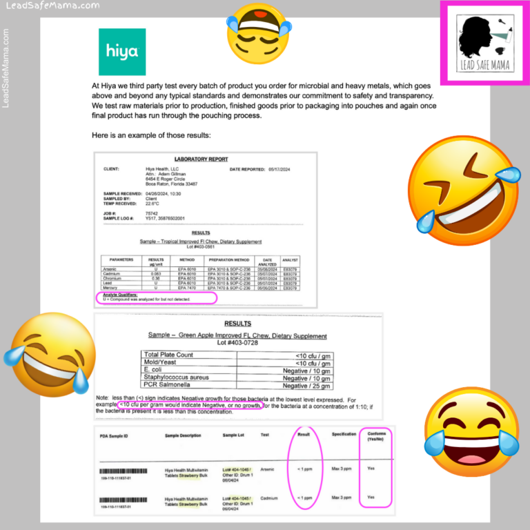 Hiya is sending documentation to customers confirming they know their products test positive for Cadmium, Arsenic, and that their low threshold of detection is high (1 ppm)!