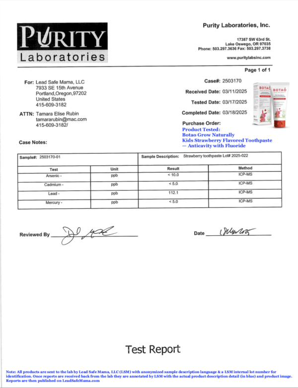 Toothpaste Testing Report Testing Botao Grow Naturally Kids Strawberry Flavor Anticavity ...