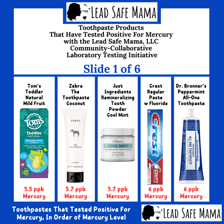 Six graphics comparing Mercury levels of 30 popular toothpaste products