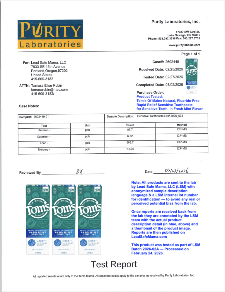Toothpaste Testing Report Testing Tom's of Maine Natural Fresh Mint Flavor Fluoride-Free Rapid ...